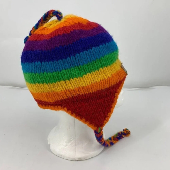 Kyber Unisex 100% Wool Made in Nepal Rainbow Knit Hat Cap Ear Flaps Beanie - Picture 3 of 9